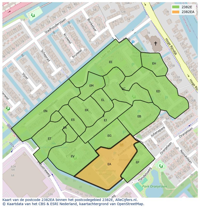 Afbeelding van het postcodegebied 2382 EA op de kaart.