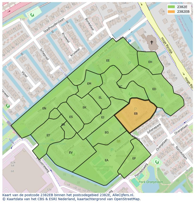 Afbeelding van het postcodegebied 2382 EB op de kaart.