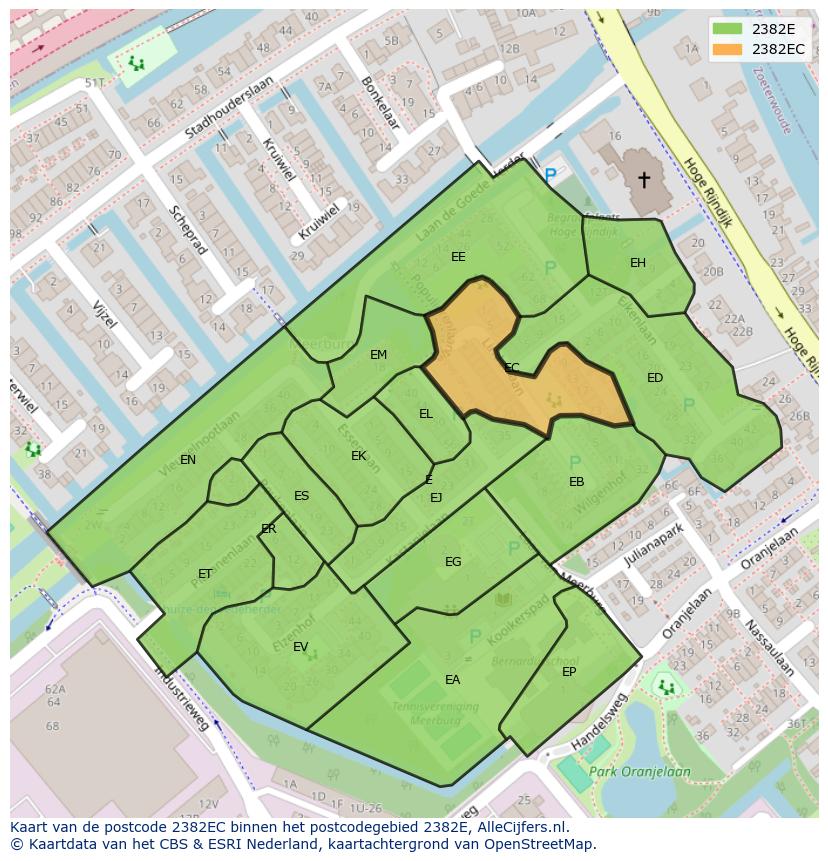 Afbeelding van het postcodegebied 2382 EC op de kaart.