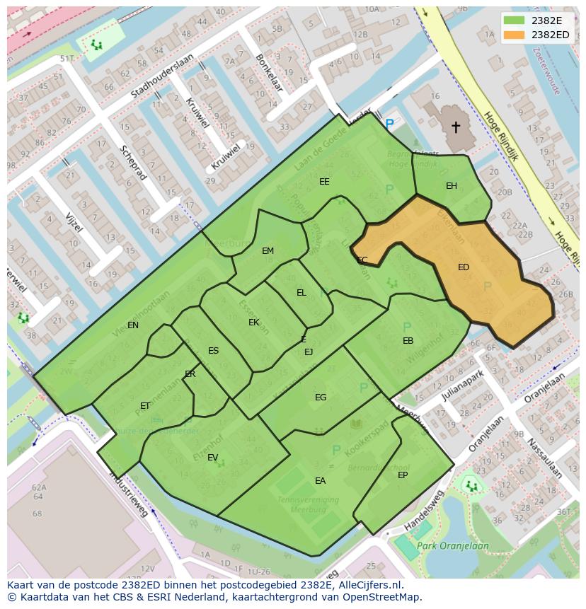 Afbeelding van het postcodegebied 2382 ED op de kaart.