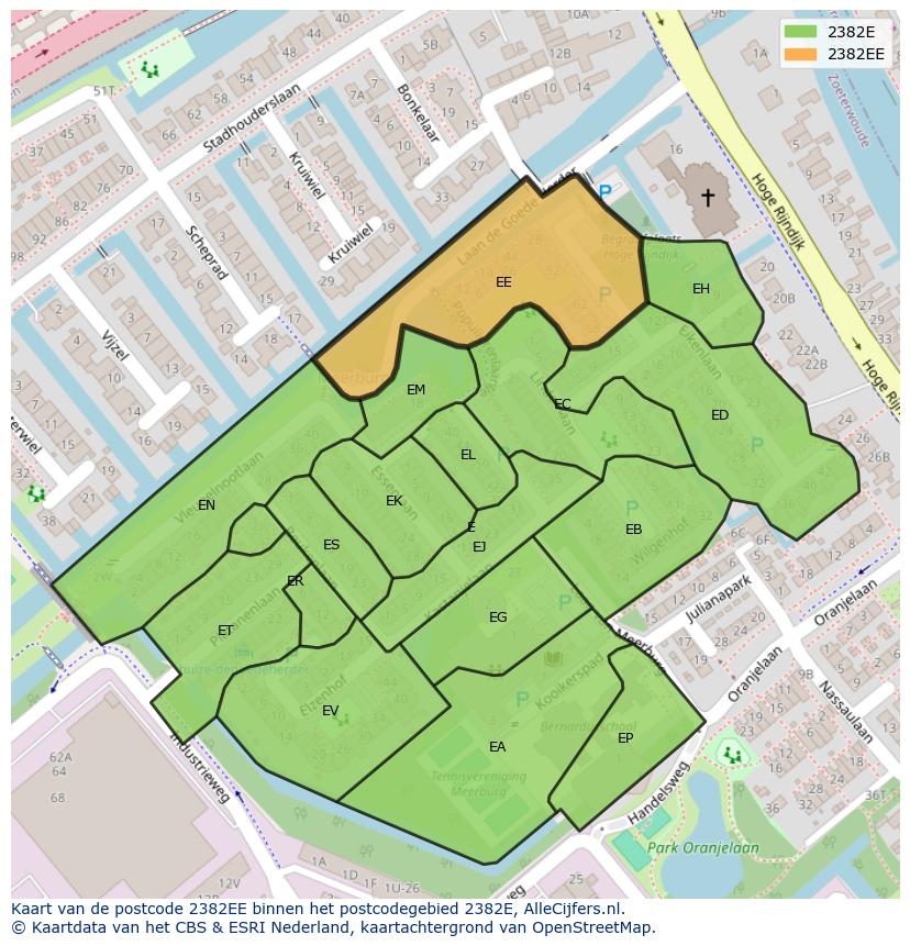 Afbeelding van het postcodegebied 2382 EE op de kaart.