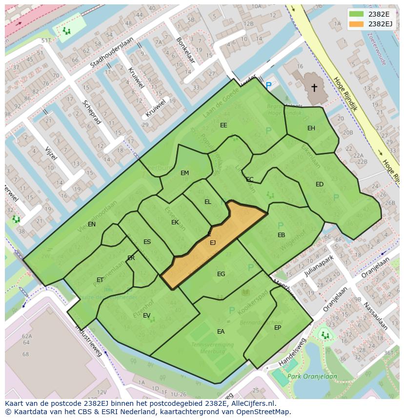 Afbeelding van het postcodegebied 2382 EJ op de kaart.