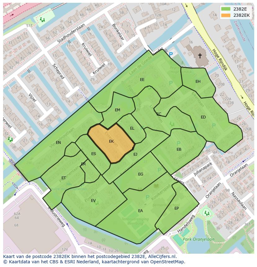 Afbeelding van het postcodegebied 2382 EK op de kaart.