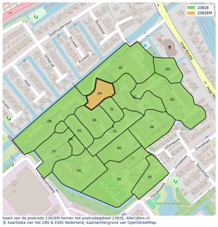 Afbeelding van het postcodegebied 2382 EM op de kaart.