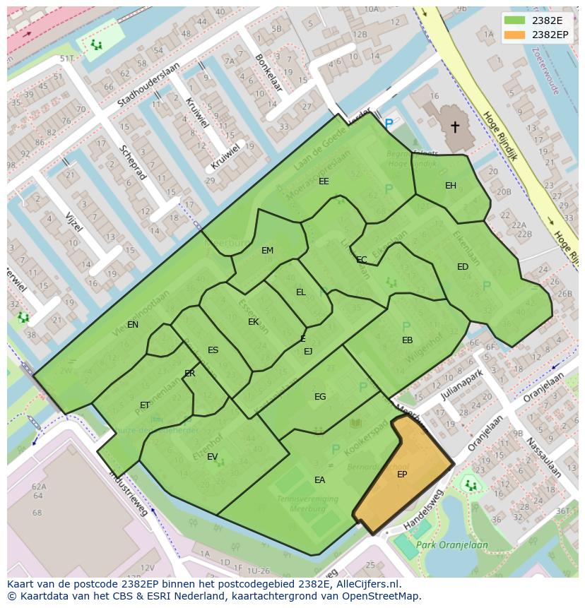 Afbeelding van het postcodegebied 2382 EP op de kaart.