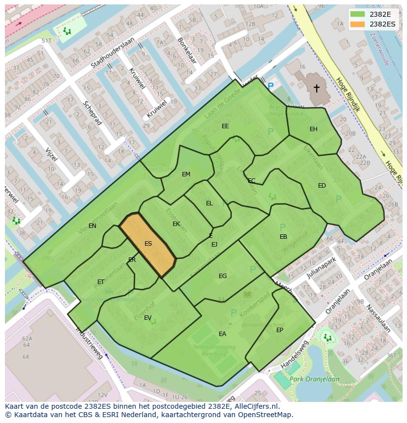 Afbeelding van het postcodegebied 2382 ES op de kaart.