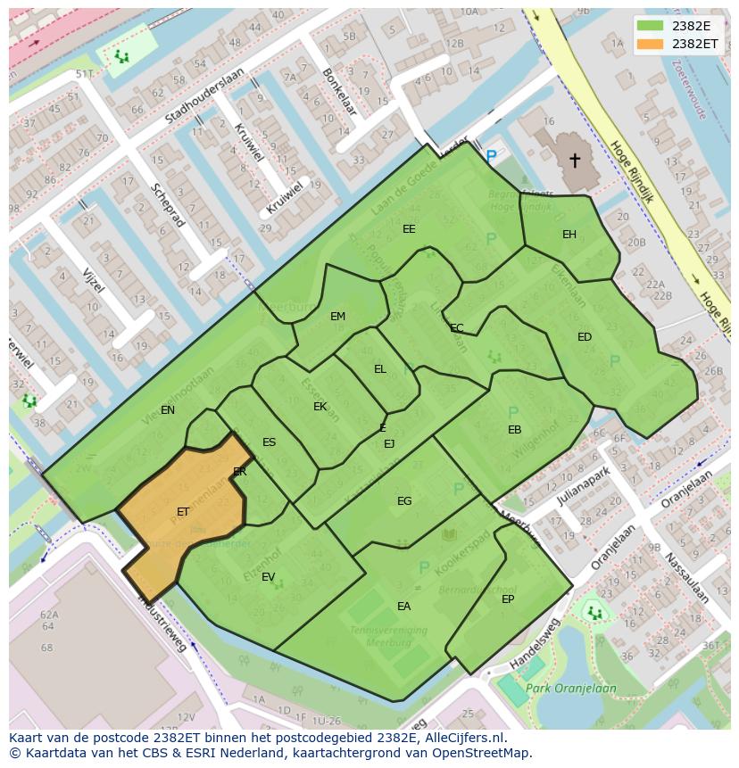 Afbeelding van het postcodegebied 2382 ET op de kaart.