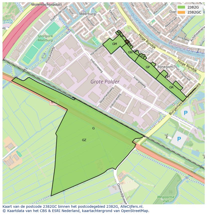 Afbeelding van het postcodegebied 2382 GC op de kaart.