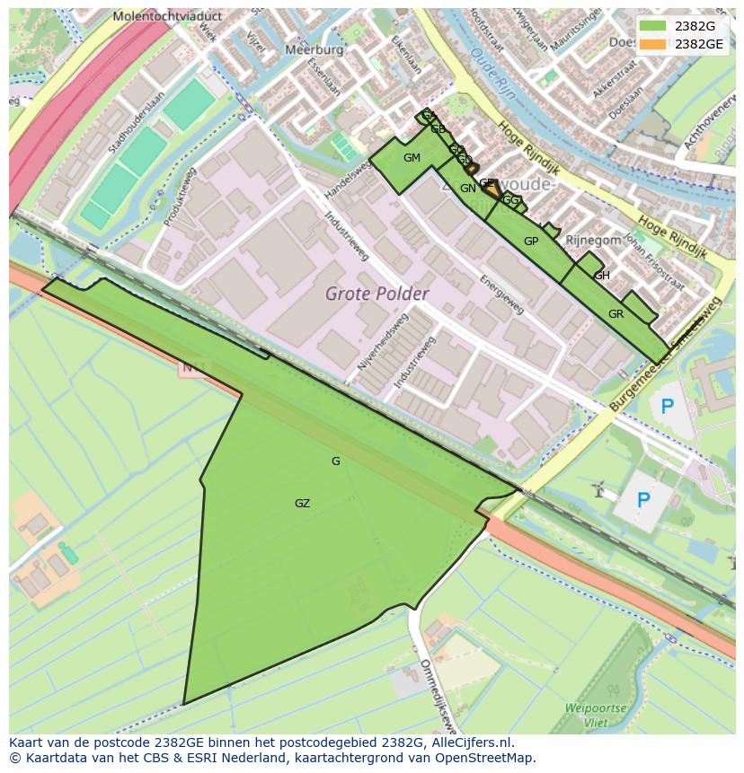 Afbeelding van het postcodegebied 2382 GE op de kaart.