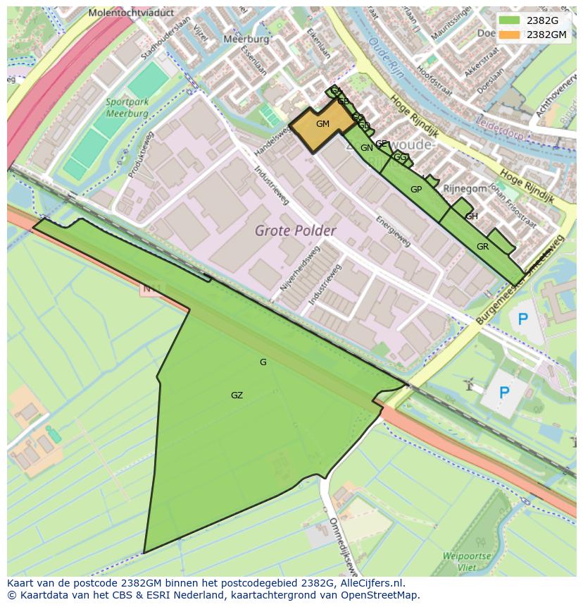 Afbeelding van het postcodegebied 2382 GM op de kaart.