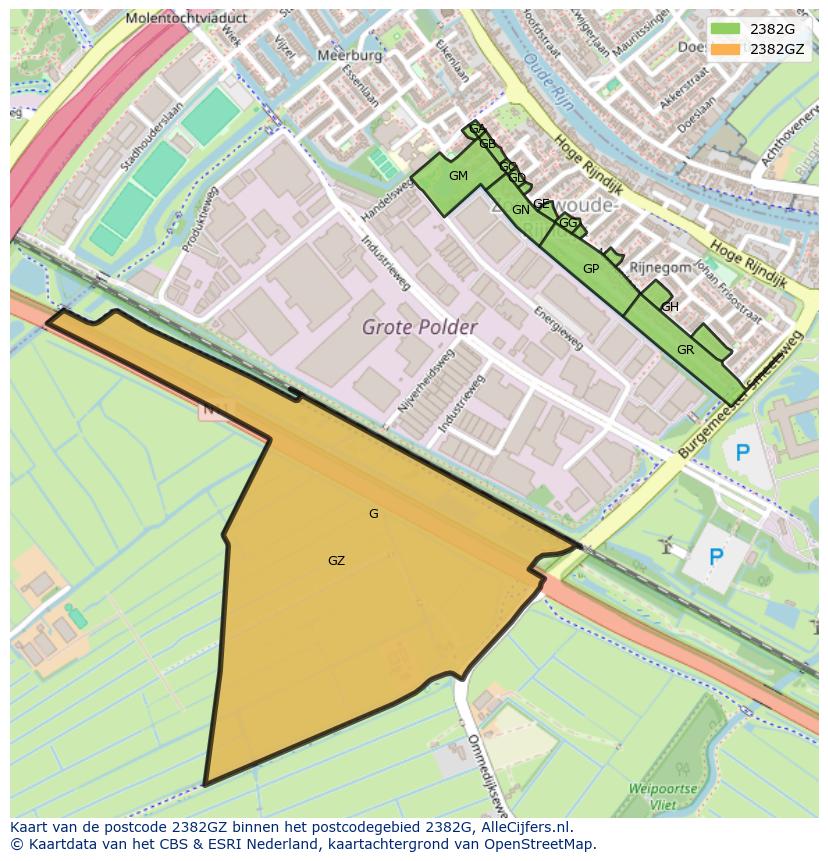 Afbeelding van het postcodegebied 2382 GZ op de kaart.