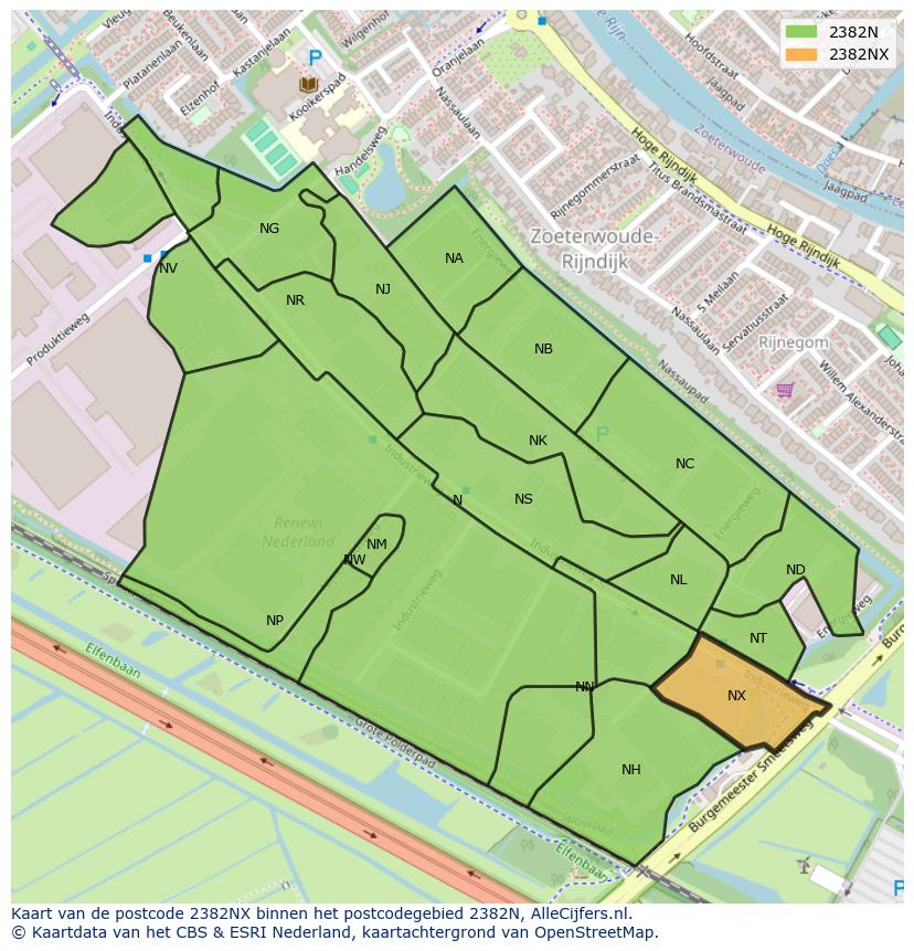 Afbeelding van het postcodegebied 2382 NX op de kaart.