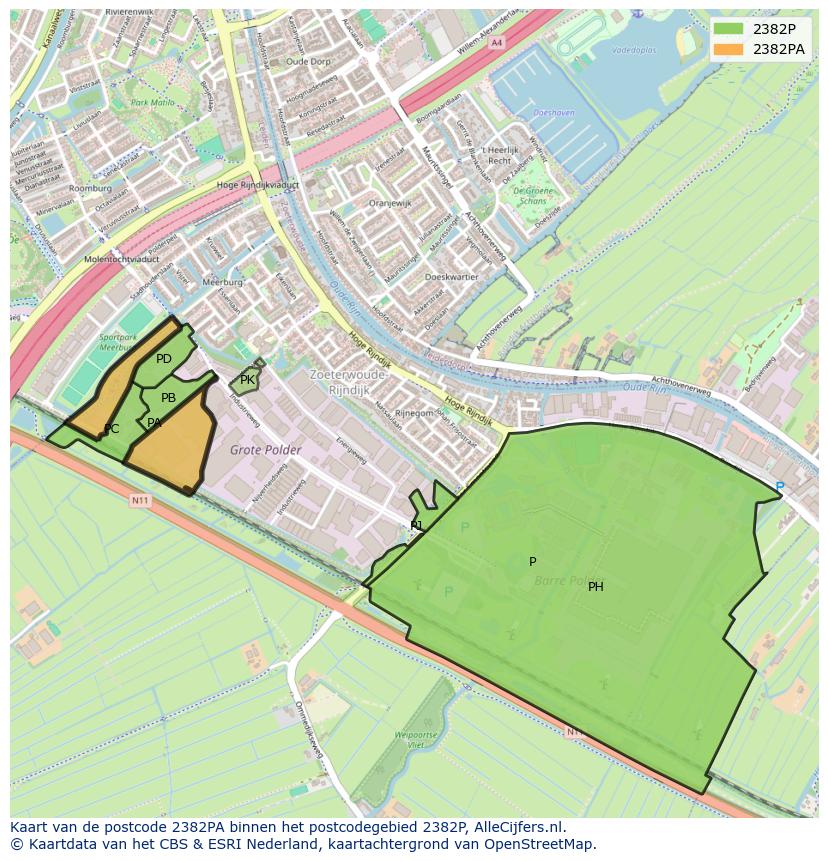 Afbeelding van het postcodegebied 2382 PA op de kaart.