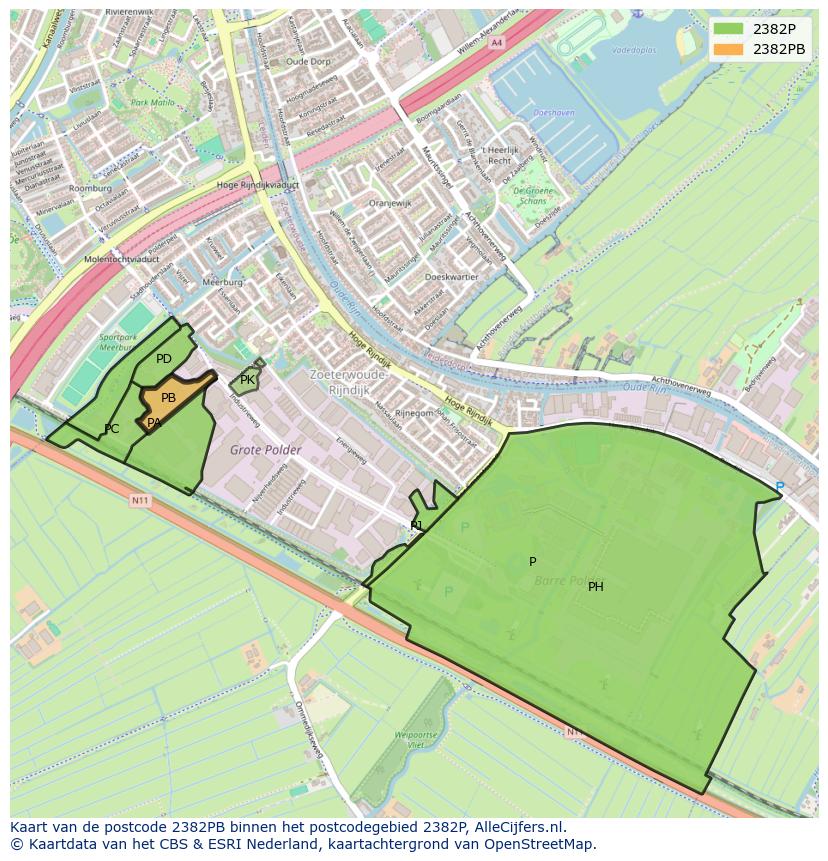 Afbeelding van het postcodegebied 2382 PB op de kaart.