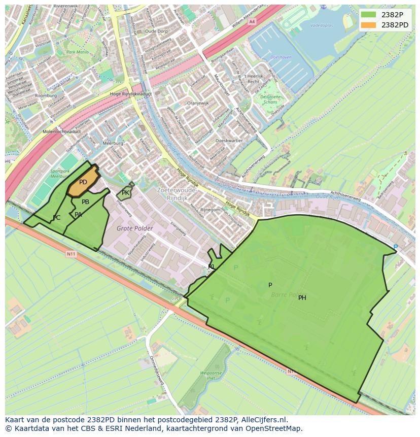 Afbeelding van het postcodegebied 2382 PD op de kaart.
