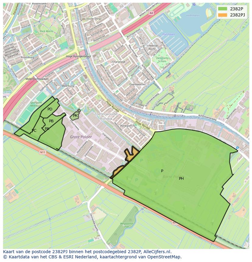 Afbeelding van het postcodegebied 2382 PJ op de kaart.