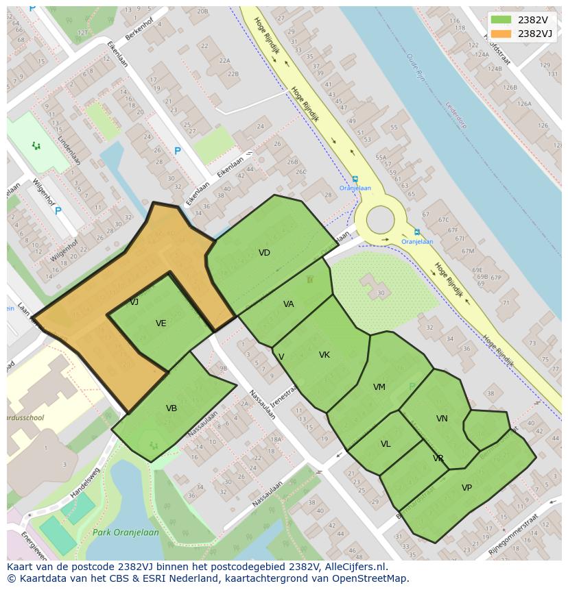 Afbeelding van het postcodegebied 2382 VJ op de kaart.