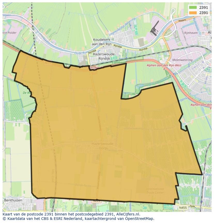 Afbeelding van het postcodegebied 2391 op de kaart.