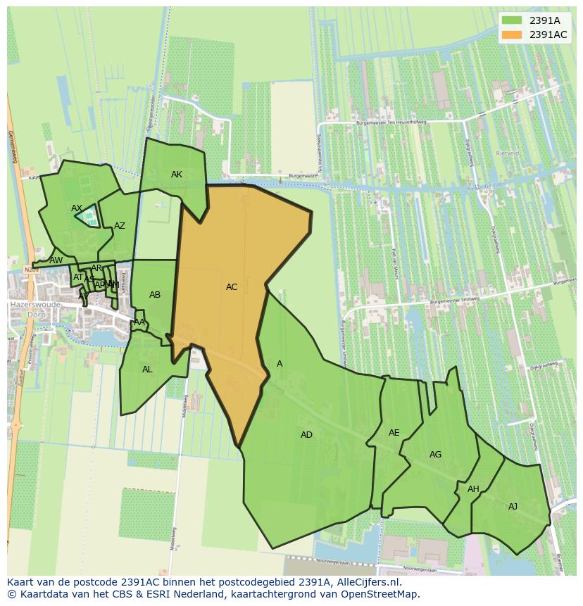 Afbeelding van het postcodegebied 2391 AC op de kaart.