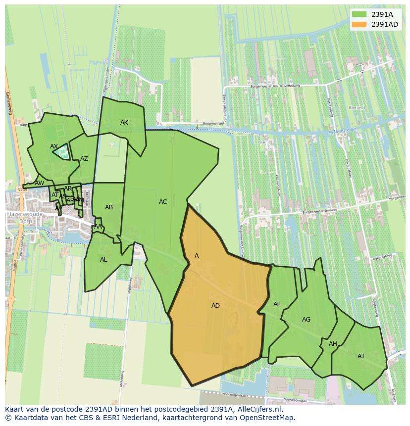 Afbeelding van het postcodegebied 2391 AD op de kaart.