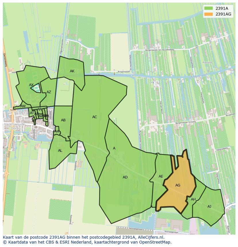 Afbeelding van het postcodegebied 2391 AG op de kaart.