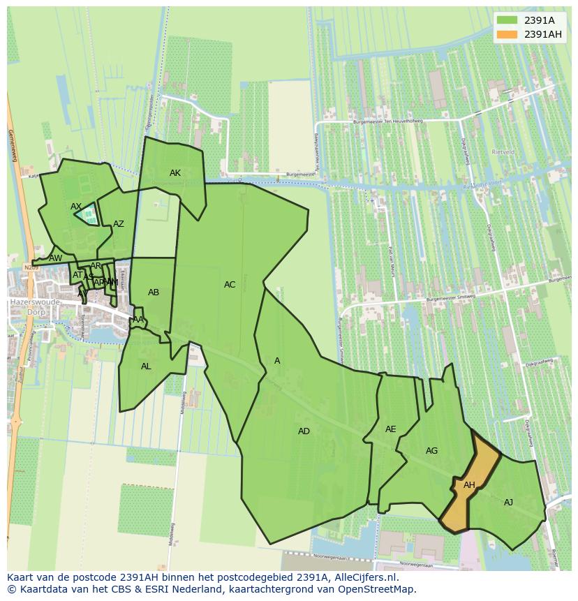 Afbeelding van het postcodegebied 2391 AH op de kaart.