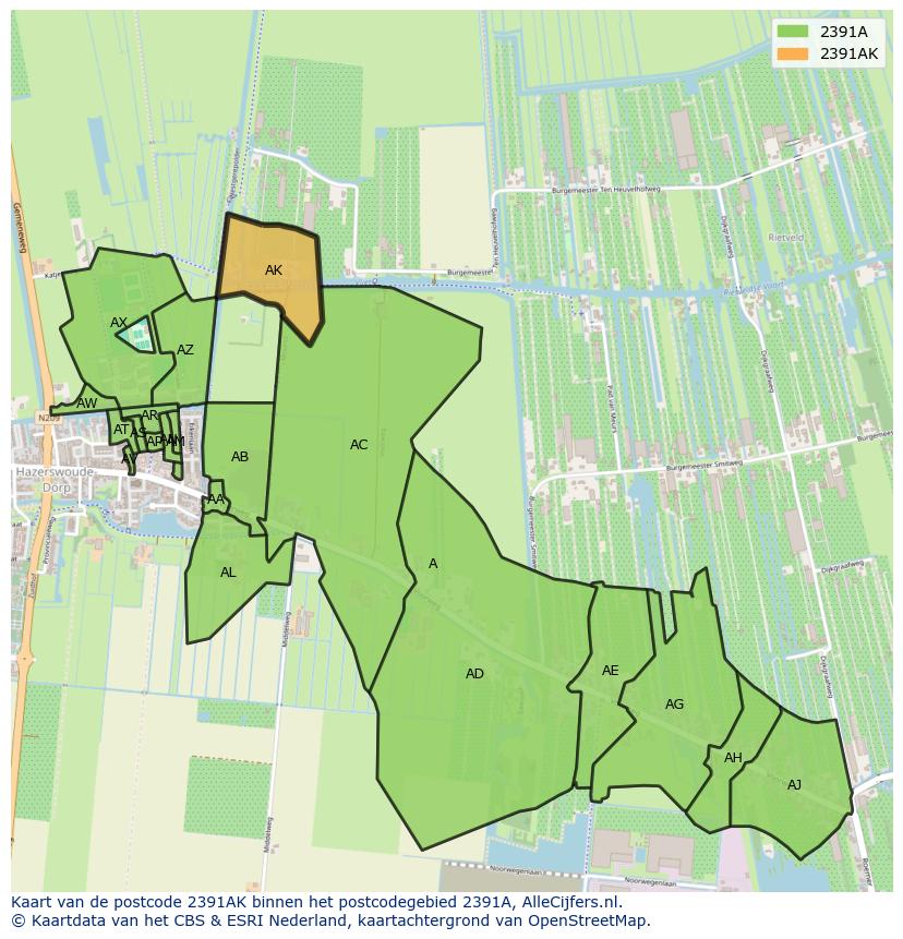 Afbeelding van het postcodegebied 2391 AK op de kaart.