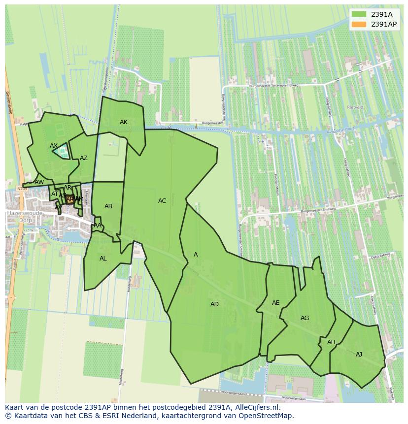 Afbeelding van het postcodegebied 2391 AP op de kaart.