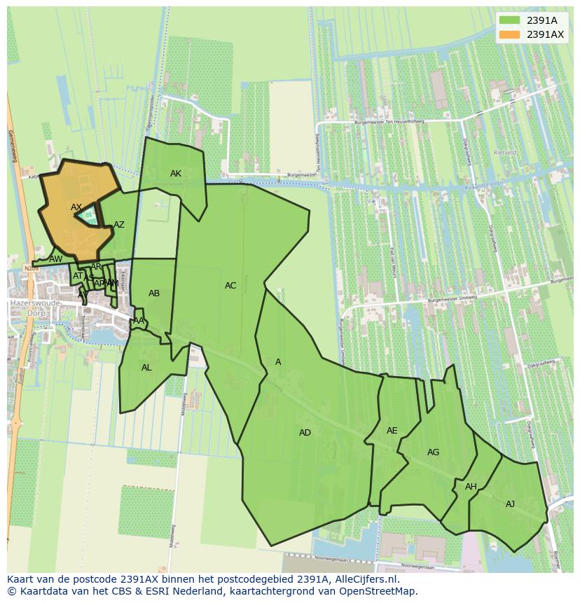Afbeelding van het postcodegebied 2391 AX op de kaart.