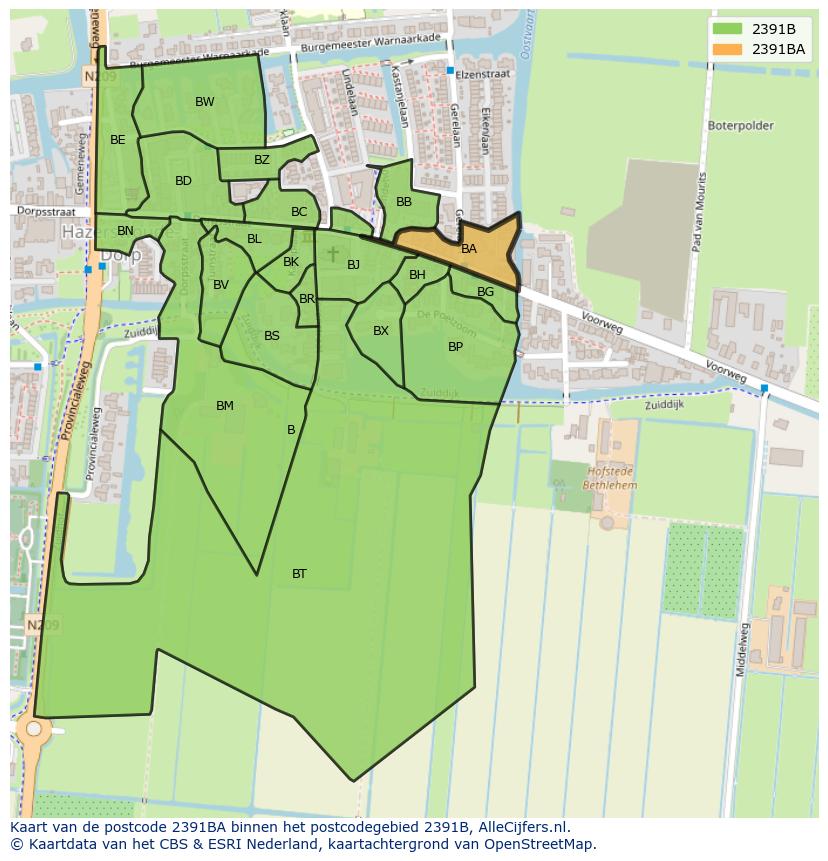 Afbeelding van het postcodegebied 2391 BA op de kaart.