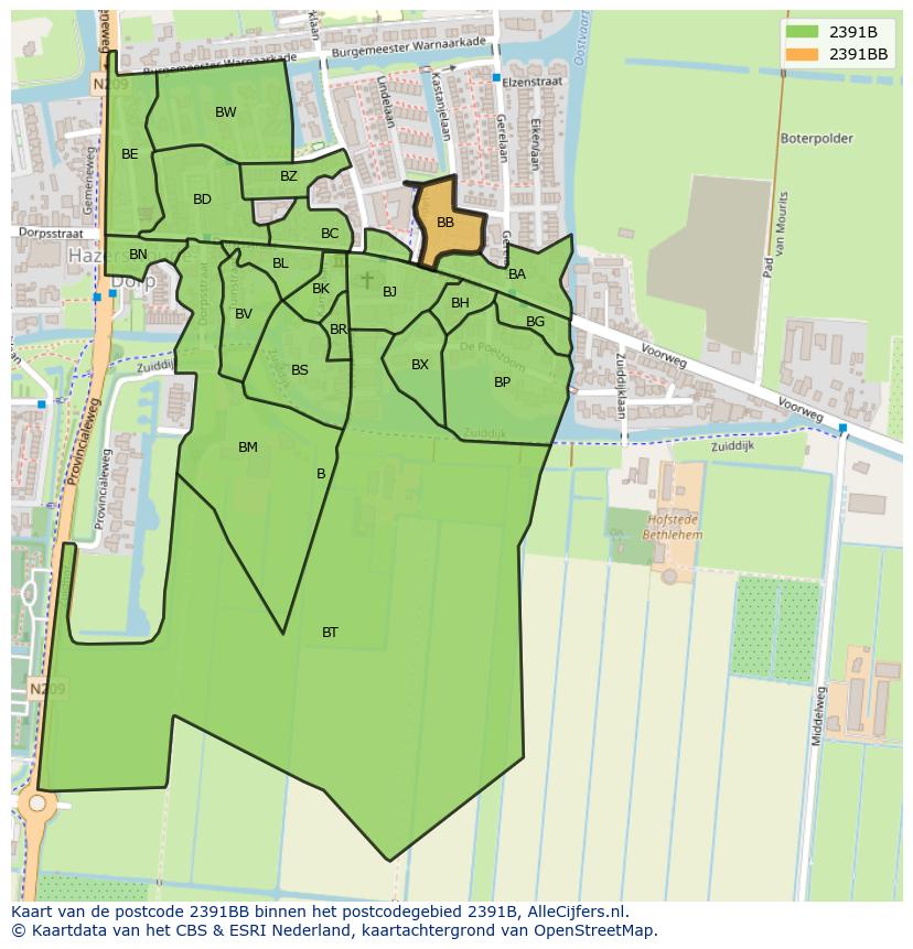 Afbeelding van het postcodegebied 2391 BB op de kaart.