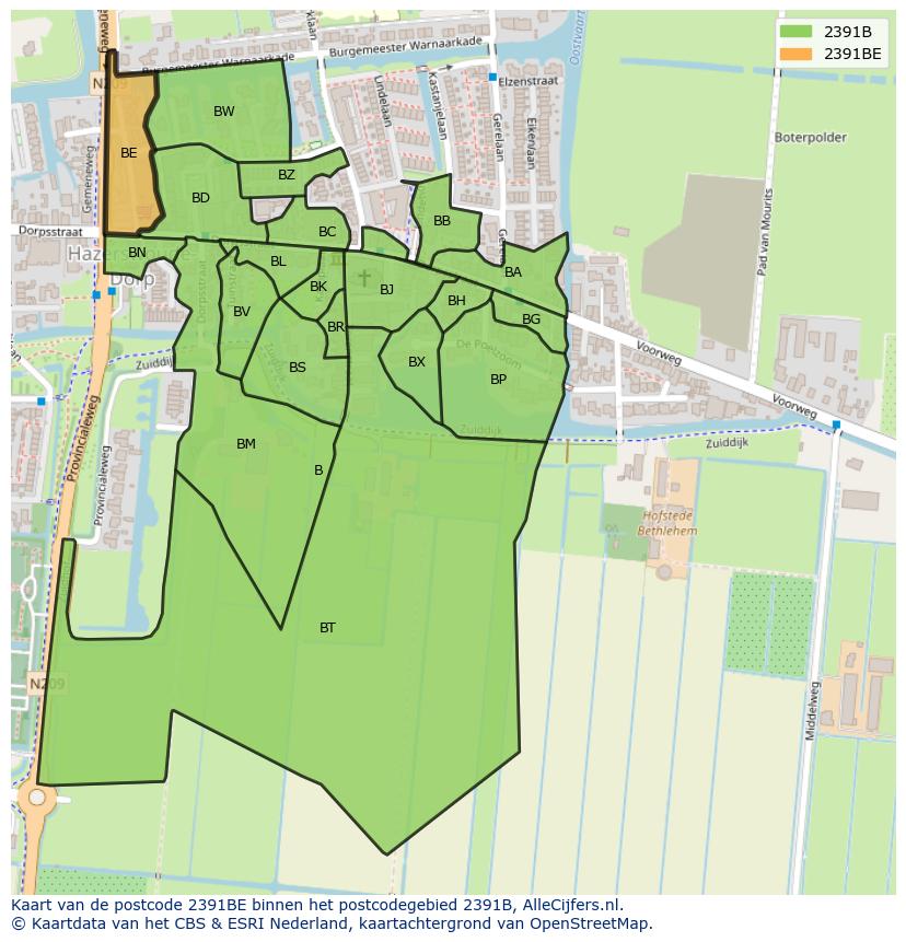 Afbeelding van het postcodegebied 2391 BE op de kaart.