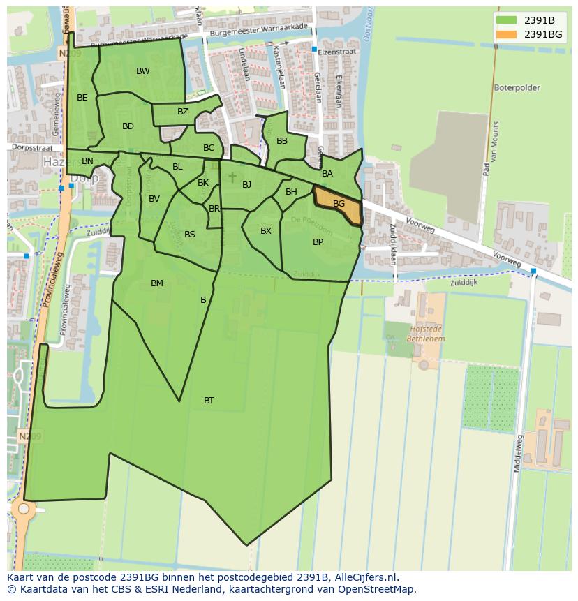 Afbeelding van het postcodegebied 2391 BG op de kaart.