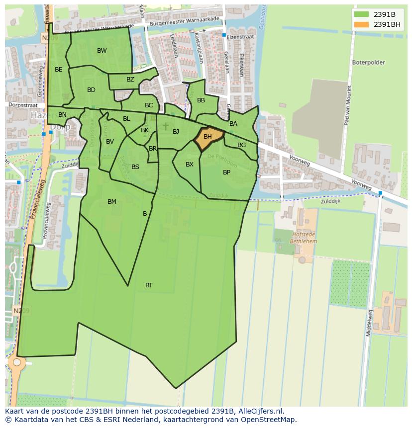 Afbeelding van het postcodegebied 2391 BH op de kaart.