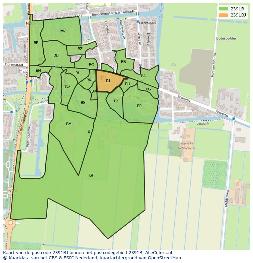Afbeelding van het postcodegebied 2391 BJ op de kaart.