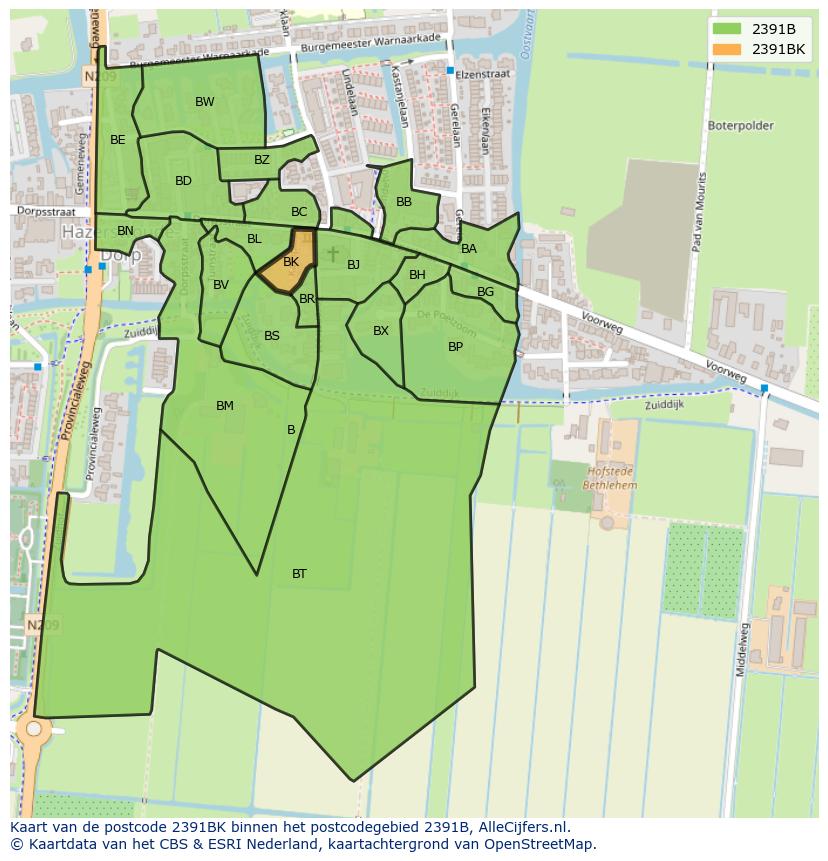 Afbeelding van het postcodegebied 2391 BK op de kaart.