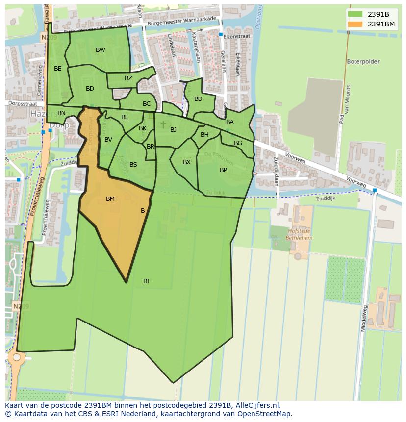 Afbeelding van het postcodegebied 2391 BM op de kaart.