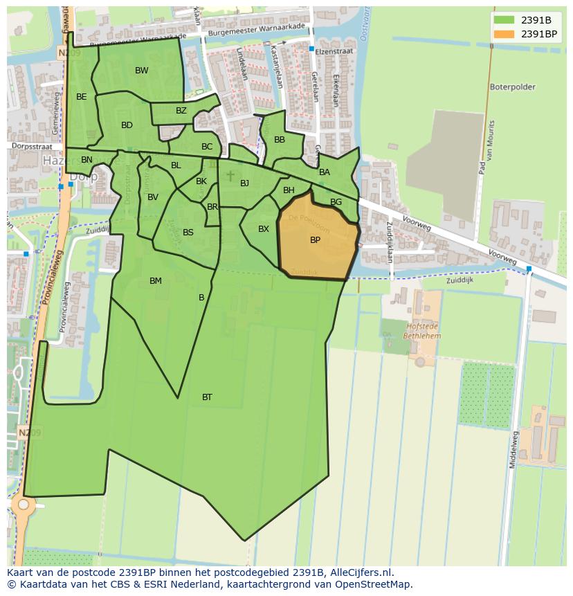 Afbeelding van het postcodegebied 2391 BP op de kaart.