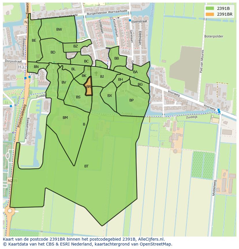 Afbeelding van het postcodegebied 2391 BR op de kaart.