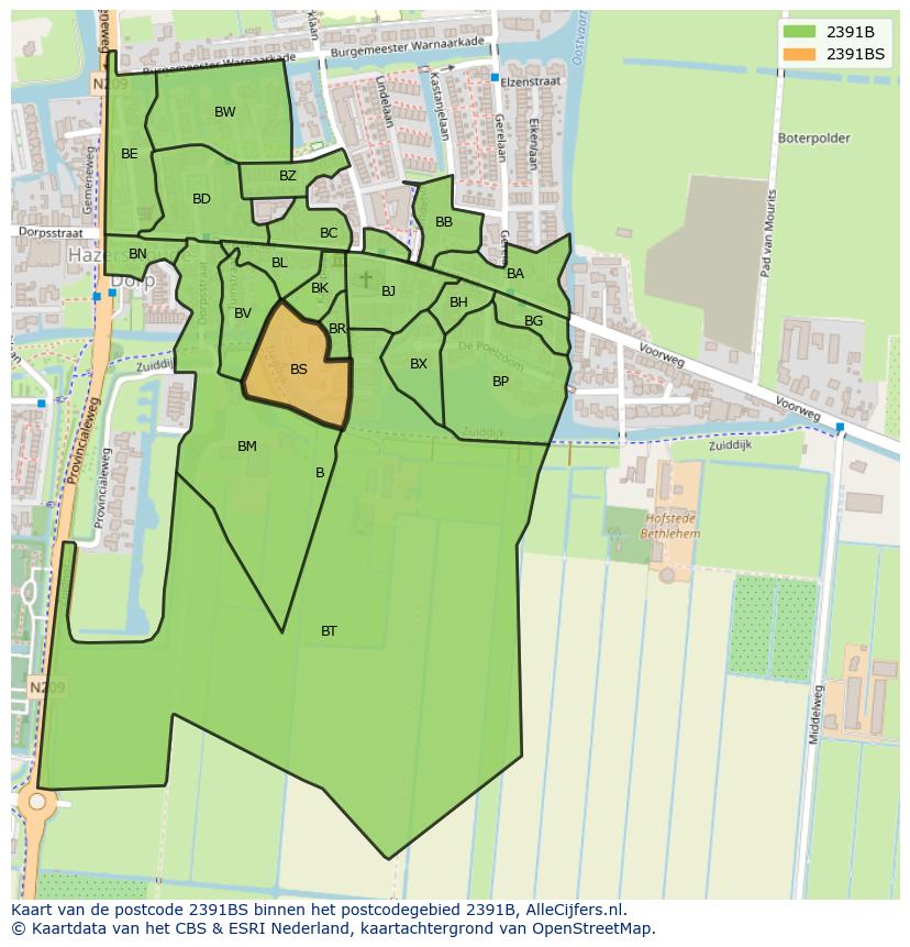 Afbeelding van het postcodegebied 2391 BS op de kaart.