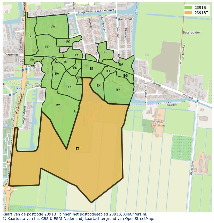Afbeelding van het postcodegebied 2391 BT op de kaart.