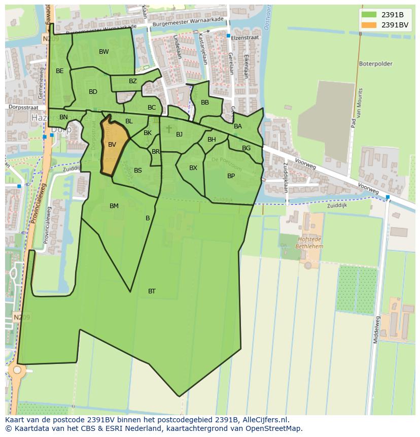 Afbeelding van het postcodegebied 2391 BV op de kaart.