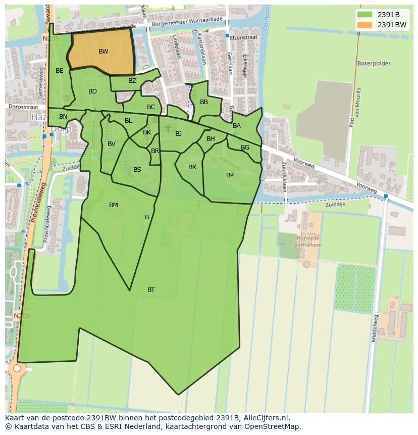 Afbeelding van het postcodegebied 2391 BW op de kaart.