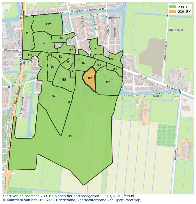 Afbeelding van het postcodegebied 2391 BX op de kaart.