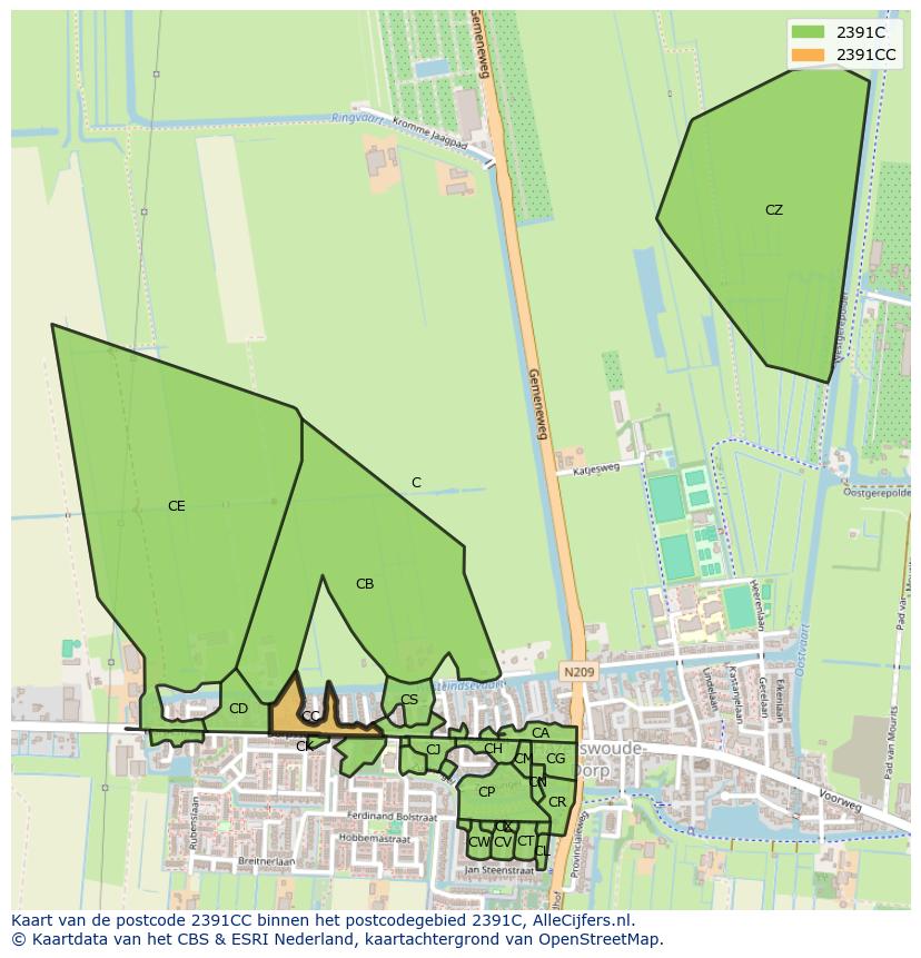 Afbeelding van het postcodegebied 2391 CC op de kaart.