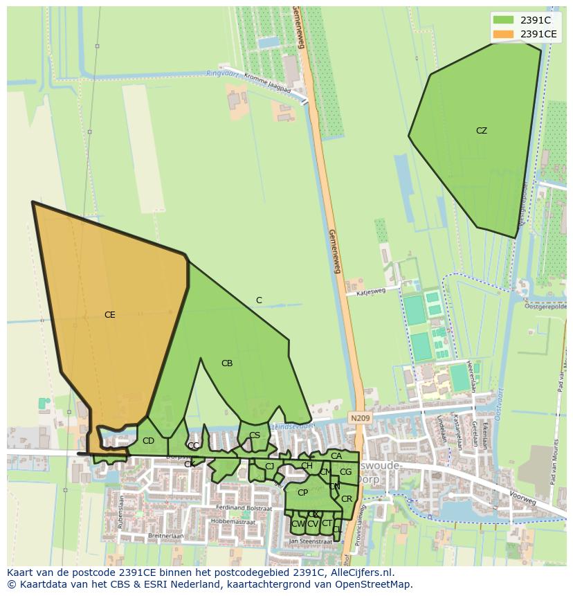 Afbeelding van het postcodegebied 2391 CE op de kaart.