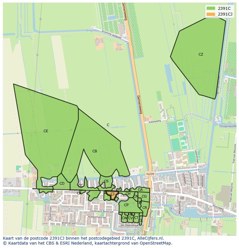 Afbeelding van het postcodegebied 2391 CJ op de kaart.