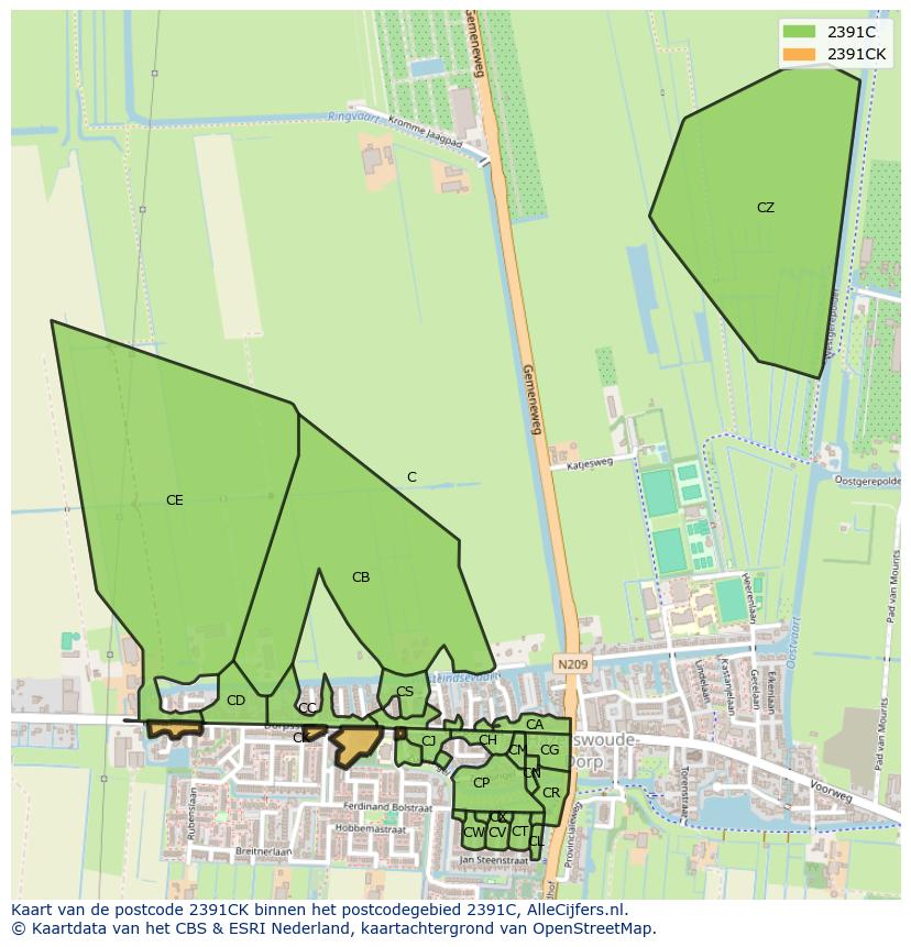 Afbeelding van het postcodegebied 2391 CK op de kaart.