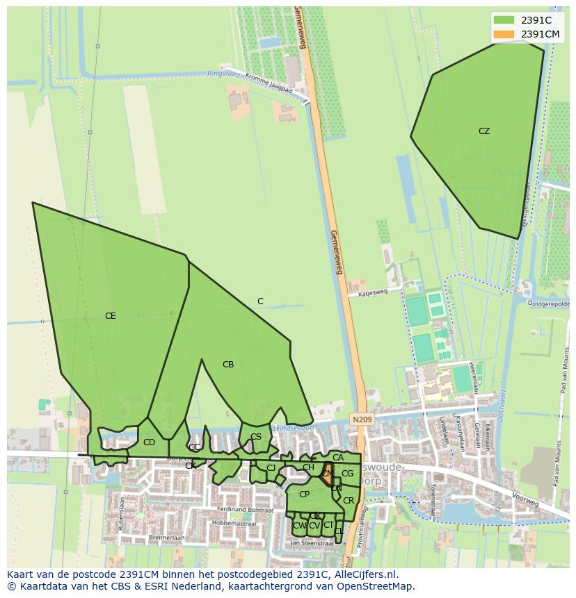Afbeelding van het postcodegebied 2391 CM op de kaart.