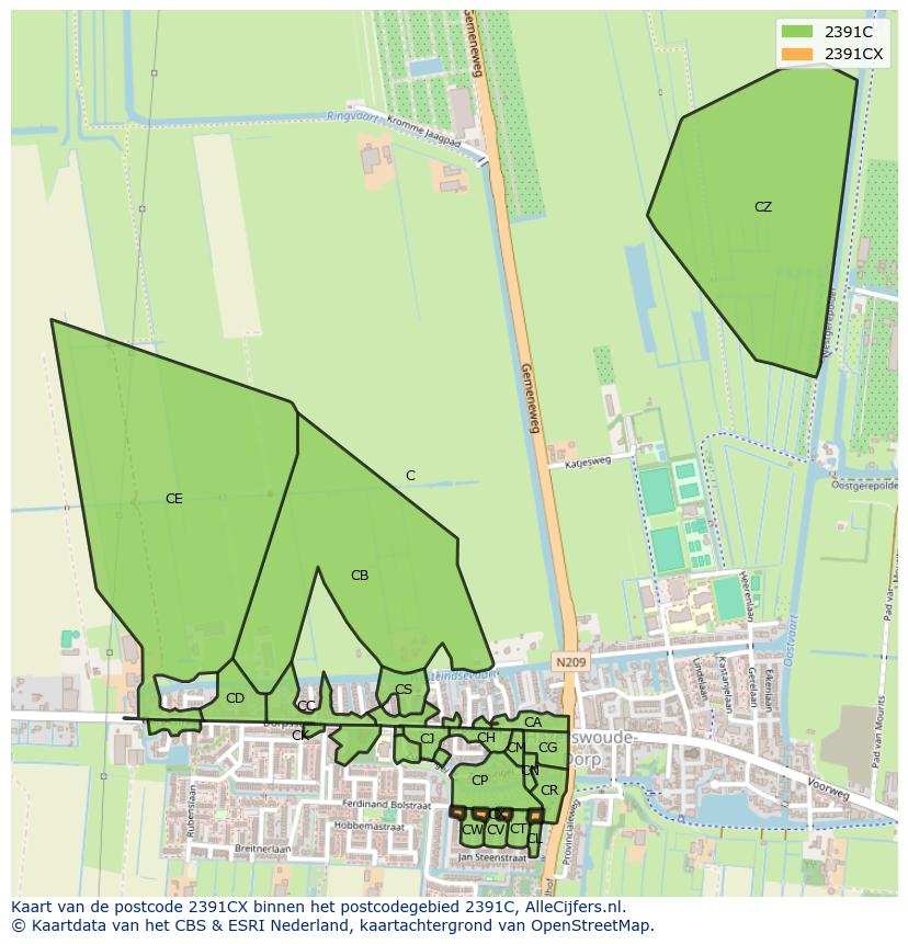 Afbeelding van het postcodegebied 2391 CX op de kaart.
